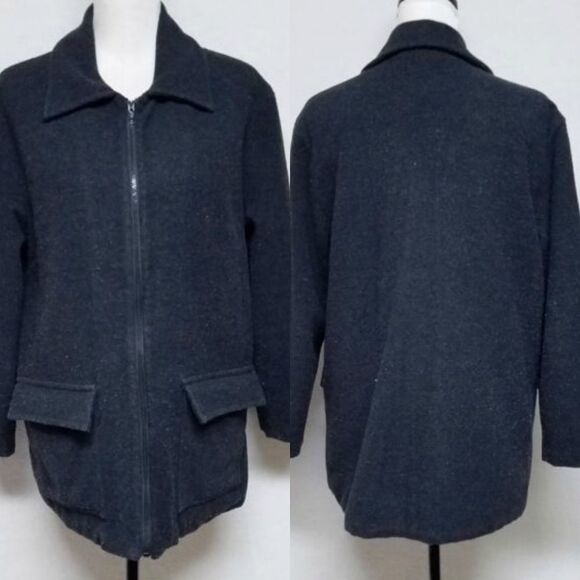 VINTAGE 90s Old Navy Black Recycled Wool Full-Zip Quilted Lining Over Coat Small - Picture 1 of 8